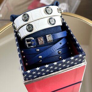 GIFT BOX INCLUDED Rustic Cuff Leather Wrap White Blue Logo Bracelet Set